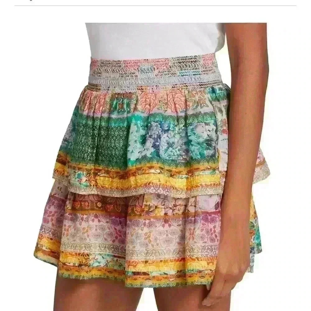 Alice + Olivia NWT Jojo Smocked Ruffled Mini Skirt Floral Multicolor Size 2